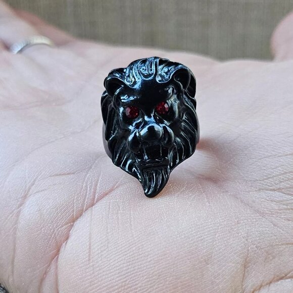 Lion Face Ring Black Tone Metal Fashion Jewelry Red Eyes Unisex Ring Size 9 - Picture 3 of 12